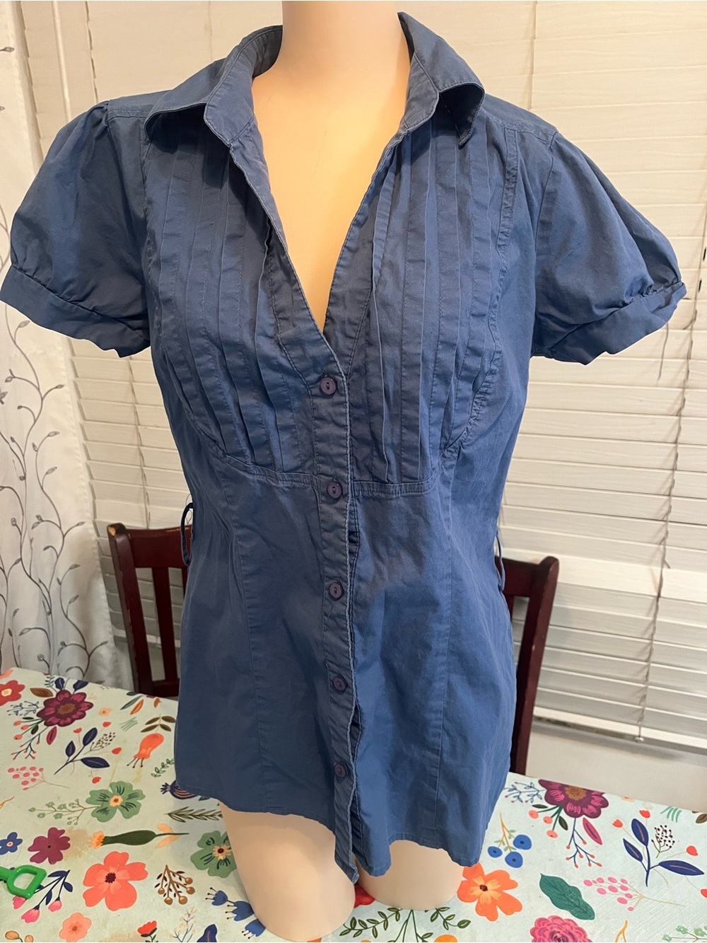 Charlotte Russe Navy Pintuck Button-Front Blouse